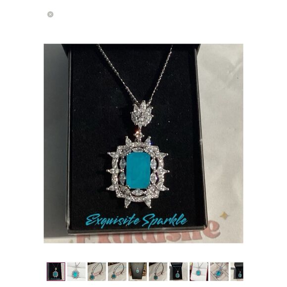 Lab Created  Paraiba Tourmaline &Zircon vintage inspired silver Pendant necklace - Picture 15 of 16